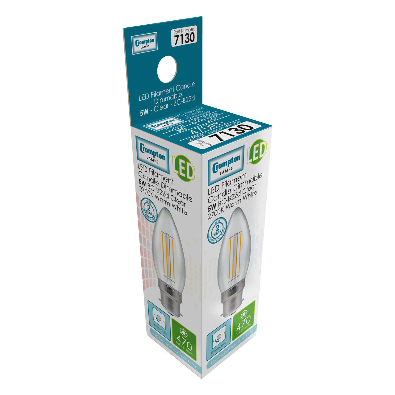 Crompton Lamps LED Candle 5W B22 Dimmable Filament Warm White Clear (40W Eqv)